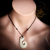 Natural Carved Maori Bone Carving Pendant Necklace - Manaia With Paua Inlay