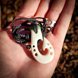 Hook Bone Carving & Greenstone Pendant Necklace - NZ Maori Inspired