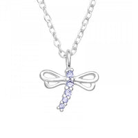 Childrens 925 Solid Sterling Silver & Lavender CZ Dragonfly Necklace