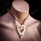 Double Koru Heart Bone Carving Pendant Necklace - NZ Maori Inspired