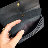 Genuine Leather Fold Over Purse - Black