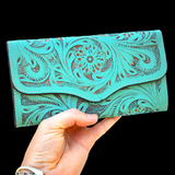 Genuine Leather Hand Tooled Turquoise Purse