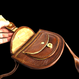 Genuine Leather Rounded Handbag - Brown