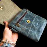 Genuine Leather Shoulder Bag - Grey Blue