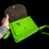 Genuine Large Leather Shoulder Hand Bag - Lime