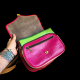 Genuine Leather & Cow Hair Shoulder Handbag - Patchwork Pink Leopard