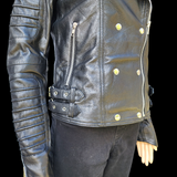 50% OFF SALE. Womens REAL Genuine Leather Jacket - Black Ribbed & Domed Side Zip