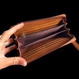 Genuine Leather & Cow Hair Hand Tooled Clutch Purse - Brown