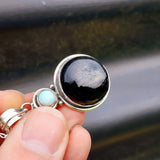 Solid 925 Sterling Silver & Natural Onyx & Larimar Handmade Double Stone Necklace