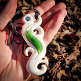 Manaia Koru Bone Carving & Greenstone Pendant Necklace - NZ Maori Inspired