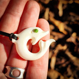 Dolphin Bone Carving & Greenstone Pendant Necklace - NZ Maori Inspired