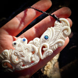 Natural Maori Bone Carving Pendant Necklace - Double Manaia & Tiki