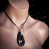 Koru Etched Hook Black Bone Carving Pendant Necklace
