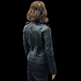 50% OFF SALE. Mystic Rider - Womens REAL Genuine Leather Jacket - Black Side Zip Ribbed