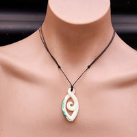 Natural Hand Carved Maori Bone Carving Pendant Necklace - Etched Koru Paua Pendant
