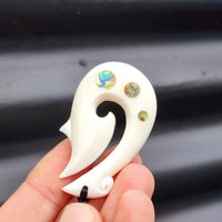 Natural Hand Carved Maori Bone Carving Pendant Necklace - Hook With Paua Inlay