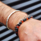 Polished Cognac Amber & Lava Stone Elastic Bracelet