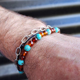 Adults Elastic Polished Cognac Amber & Turquoise Stone Bracelet