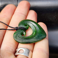 Natural Greenstone Double Koru Heart Carved Pendant Necklace