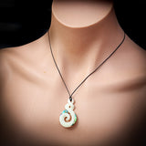Natural Carved Maori Bone Carving Pendant Necklace - Etched Koru Twist - Paua Inlay