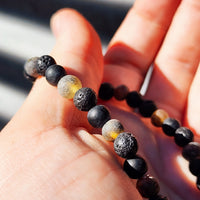 Natural Raw Green Amber, Obsidian, Lava Stones Elastic Bracelet
