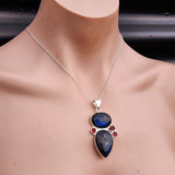 Rustic Handmade Solid 925 Sterling Silver & Natural Labradorite, Garnet Pendant Necklace