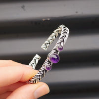 Solid Sterling Silver & Natural Amethyst Handmade Braid Cuff Bracelet