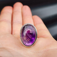 (T) Solid Sterling Silver & Natural Amethyst Oval Handmade Solitaire Ring