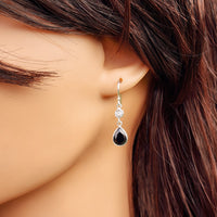Black CZ & Solid 925 Sterling Silver Pear Cut Hanging Hook Earrings