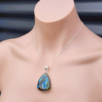 Solid Sterling Silver & Natural Labradorite Handmade Pear Pendant & Chain Necklace