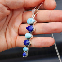 Solid Sterling Silver, Lapis Lazuli & Blue Larimar Handmade 6 Setting Pendant Necklace