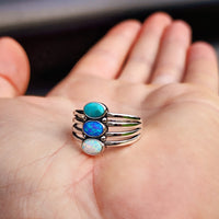 Solid 925 Sterling Silver, Natural Turquoise & Created Opal Cage Ring