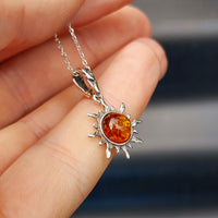 Solid Sterling Silver & Natural Polished Amber Handmade Rustic Sun Pendant Necklace
