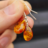 Solid Sterling Silver & Cognac Amber Hanging Waterdrop Earrings