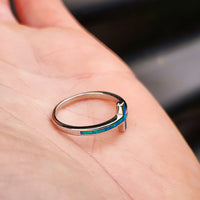 (Q) Solid 925 Sterling Silver & Created Opal Cross Band Ring