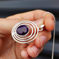 Solid Sterling Silver & Natural Amethyst Rustic Handmade Spiral Necklace
