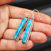 Solid Sterling Silver & Natural Blue Larimar Handmade Hanging Hook Earrings