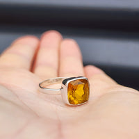 (R) Solid Sterling Silver & Natural Citrine Stone Handmade Square Solitaire Ring