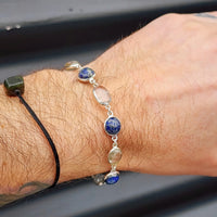 Solid Sterling Silver & Natural Lapis Lazuli Plus Quartz Handmade Chain Bracelet