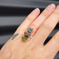 (Q) Solid Sterling Silver & Raw Mixed Gemstone Rustic Handmade Ring