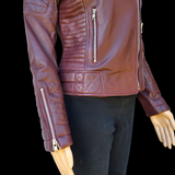50% OFF SALE. Womens REAL Genuine Leather Jacket - Burgundy Ribbed Side Zip