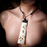 Natural Maori Bone Carving Pendant Necklace - XL Manaia Toki With Paua & Binding