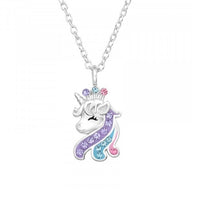 Childrens 925 Solid Sterling Silver & CZ Unicorn Necklace