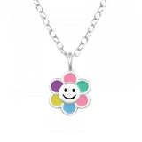 Childrens 925 Solid Sterling Silver Colorful Smiley Flower Necklace