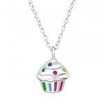 Childrens 925 Solid Sterling Silver & Colored CZ Cupcake Necklace