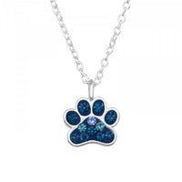 Childrens 925 Solid Sterling Silver & Blue CZ Paw Print Necklace