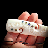 Natural Maori Bone Carving Pendant Necklace - Toki With Paua Inlays