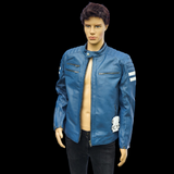 Blue Beetle - Mens REAL Genuine Leather Jacket - Blue & White Stripe