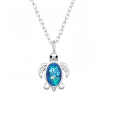 Childrens 925 Solid Sterling Silver & Created Opal Turtle Necklace