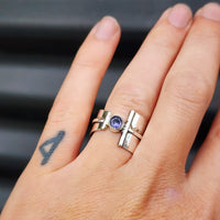 (R) Solid Sterling Silver & Natural Amethyst Rustic Handmade Cuff Ring
